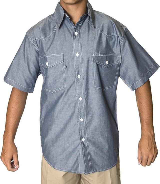 Mens Blue Chambray Short Sleeve Shirt, Western Style Button Front (No Snaps) 60% Cotton 40% Poly – by Blue Collar Outlet on TurtlesEgg Marketplace